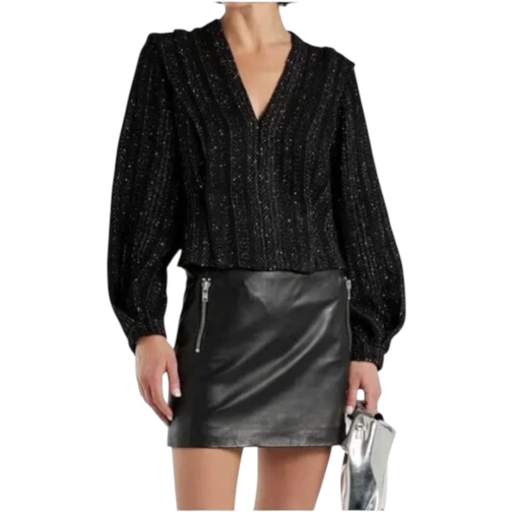 IRO Paris Tiesto Pin Tucked Black Metallic Tweed Knit Top / Blouse Size XS $395